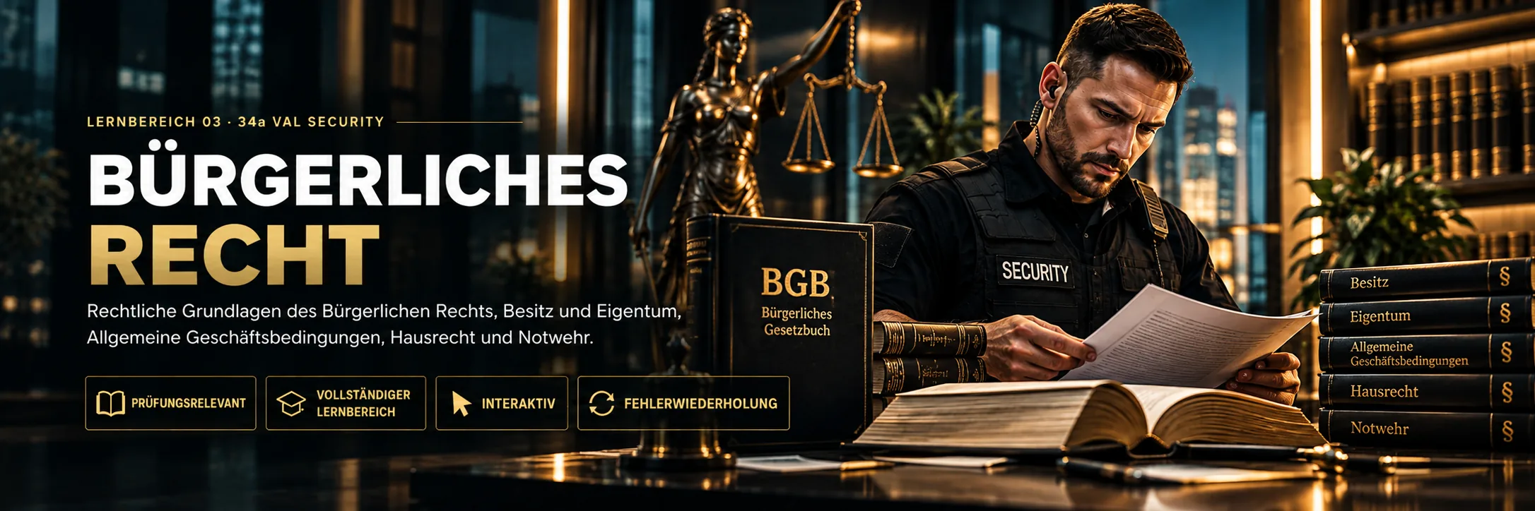 Lernbereich 03: Bürgerliches Recht – Sicherheitsmitarbeiter mit BGB, Gesetzesbüchern und Justitia