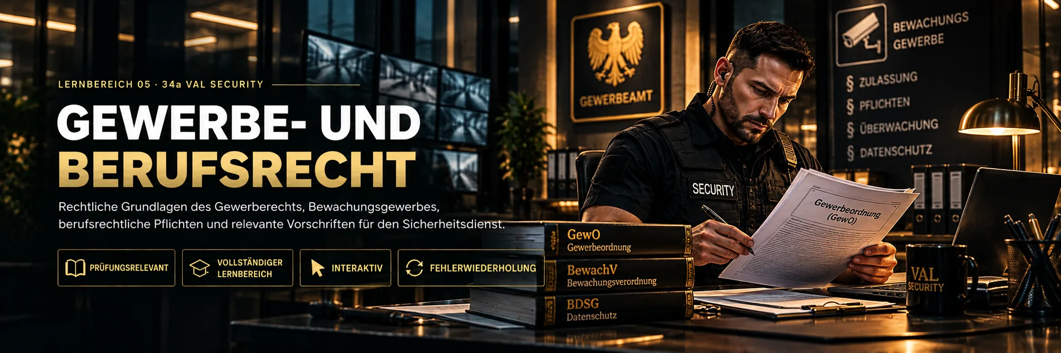 Lernbereich 05: Gewerbe- und Berufsrecht – VAL SECURITY Sicherheitsmitarbeiter prüft Unterlagen zur Gewerbeordnung, Bewachungsverordnung und zum Bewachungsgewerbe
