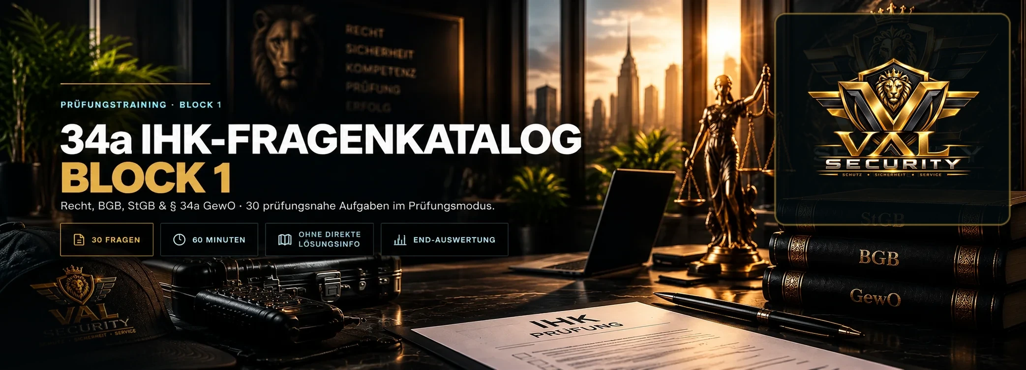 Prüfungstraining Block 1: 34a IHK-Fragenkatalog. Recht, BGB, StGB und § 34a GewO. 30 Fragen, 60 Minuten, ohne direkte Lösungsinfo, End-Auswertung. VAL Security.